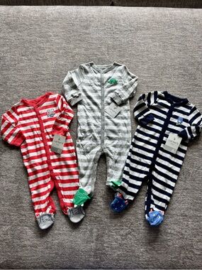 Carter's Red, Light Gray & Navy Striped Footed One-Piece Trio